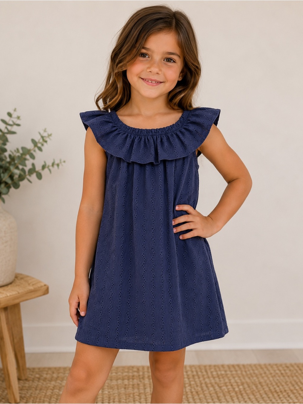 Náutica Girls Navy Eyelet Ruffle Neck Dress